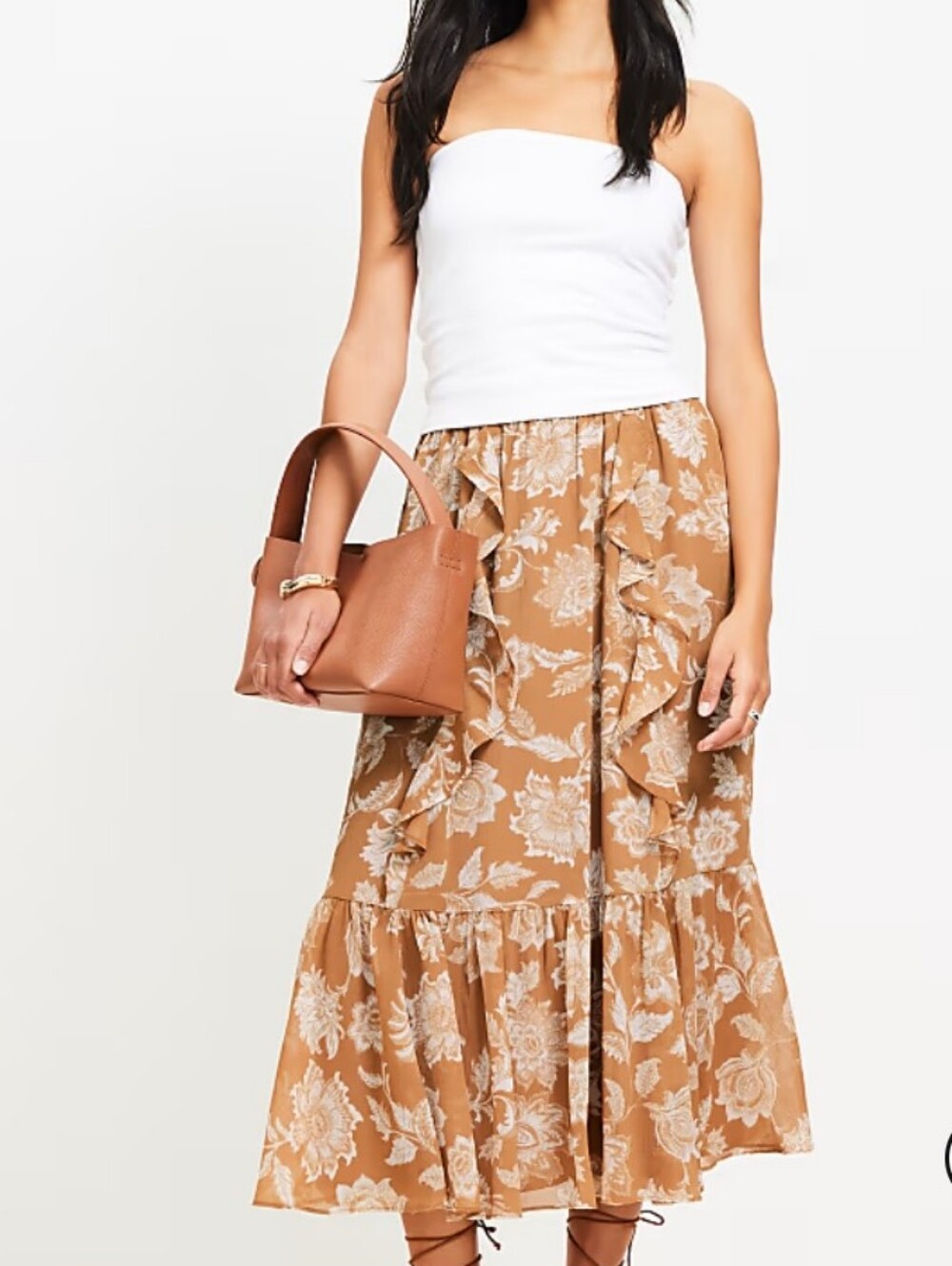 LOFT Petite Floral Ruffle Midi Skirt Size 10P